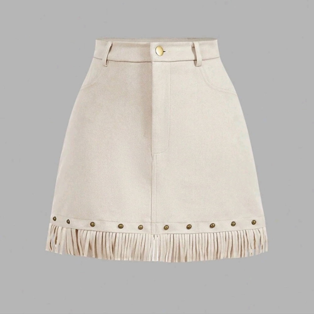 High Waist A-Line Fringed Hem Faux Suede Mini Skirt
